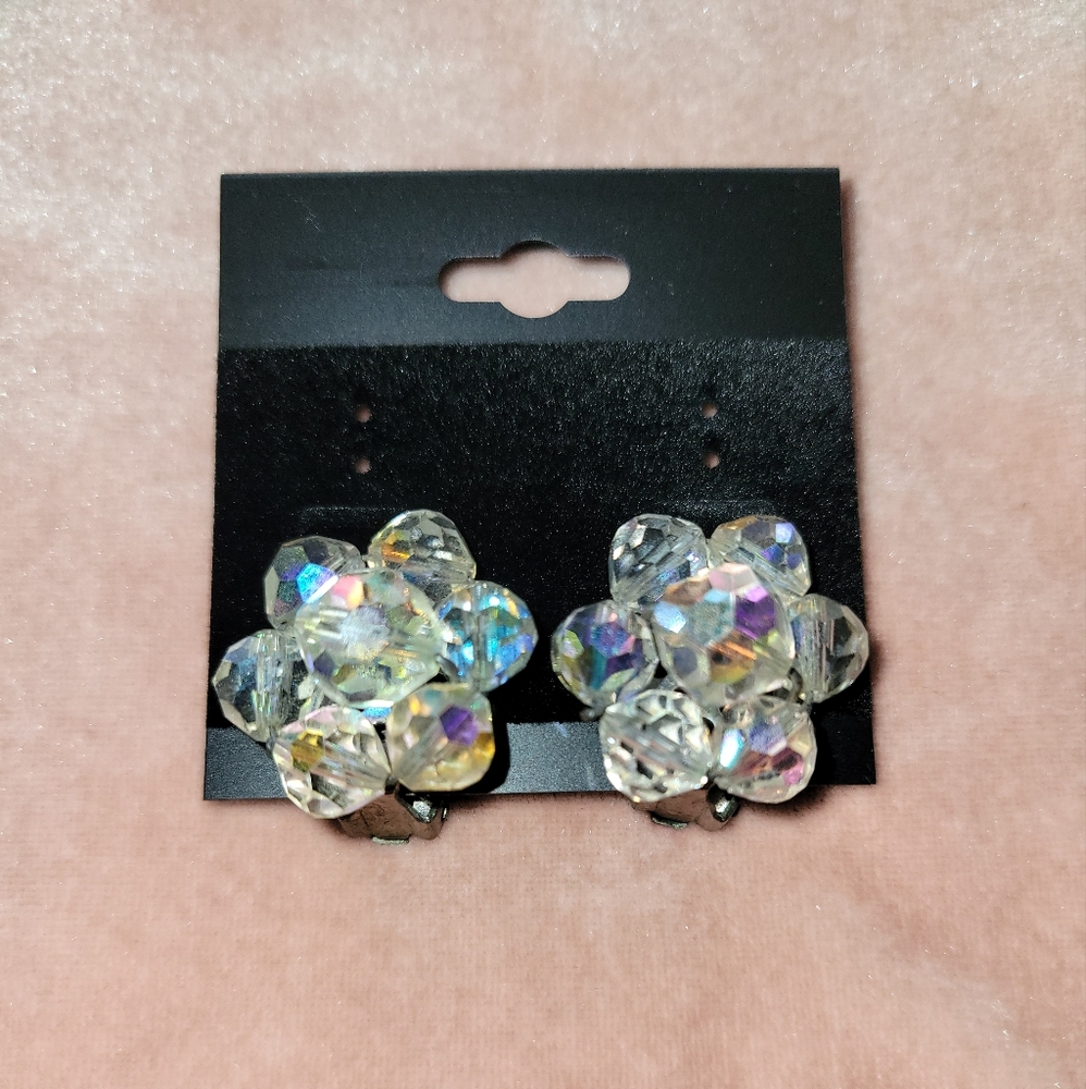 Vintage Aurora Borealis Crystal Flower Cluster Clip-on Earrings